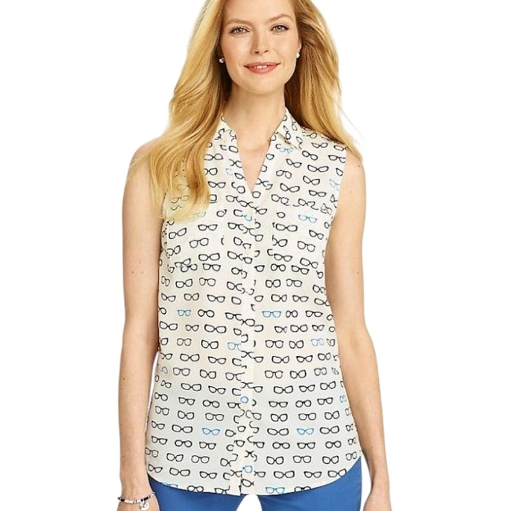 Talbots Sleeveless Nantucket Glasses Print Button Front Blouse Size Small